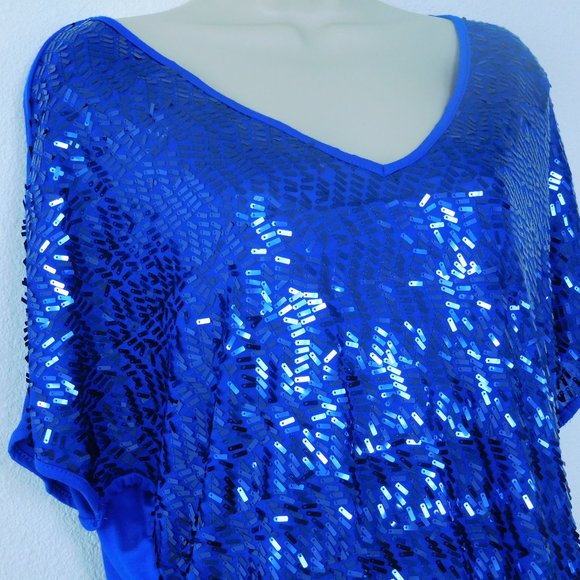 Dress Barn Top Large Petite Blue Sequined Sparkly Evening Blouse - Picture 3 of 15